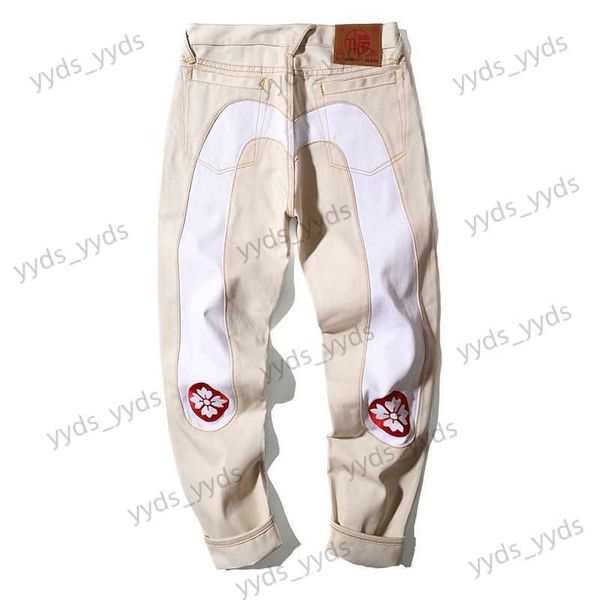 

men's jeans trousers large white spliced cherry blossom embroidery fashion couple pants loose straight tube student casual pants aprico, Blue