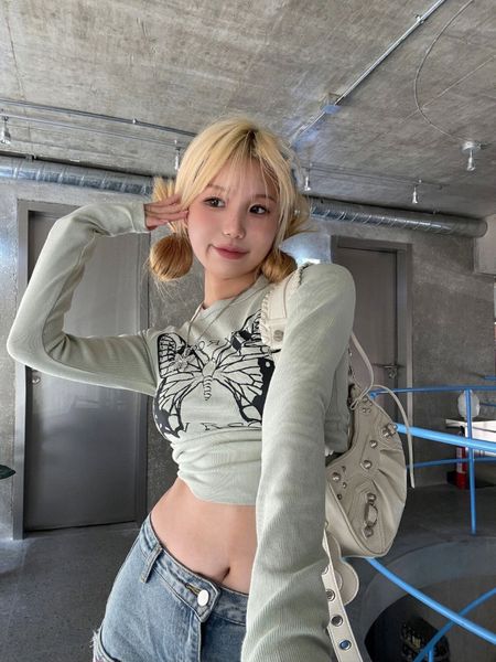 

women's tshirt houzhou y2k vintage green long sleeve tshirt kpop crop egirl 9s aesthetic streetwear slim t shirts female corset 23327, White