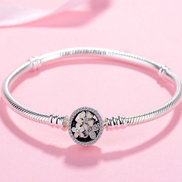 

925 sterling silver classic snake chain bracelet with poetic blooms clasp fits for european pandora bracelets charms and beads, Golden;silver