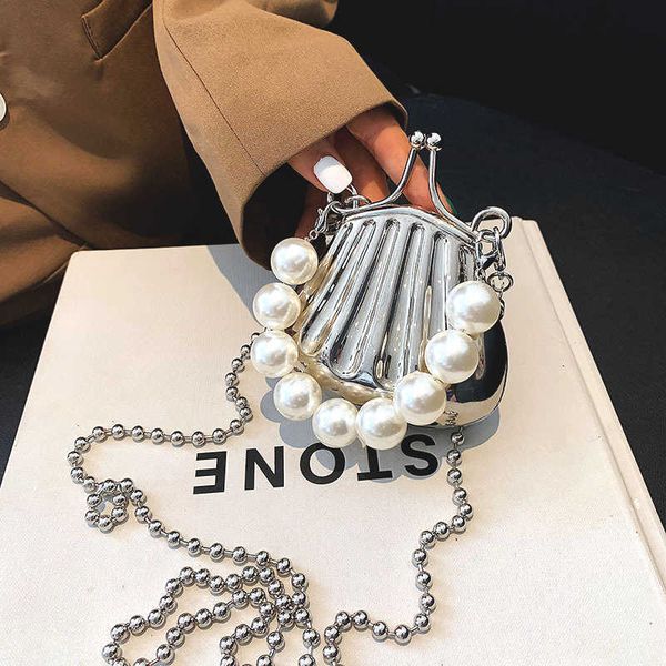 

evening bags women mini shoulder bags frog purses 2022 fashion pearls handle handbags shopper pu leather crossbody bag silver chain shell ba