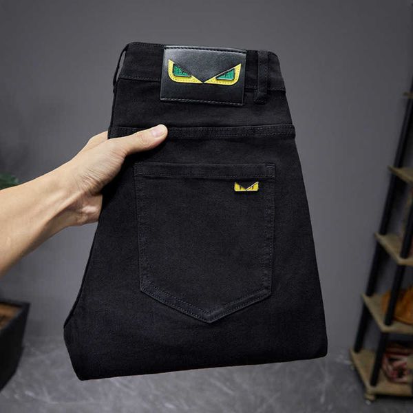 

men's little quality jeans fall slim fit pants elastic black trend, Blue