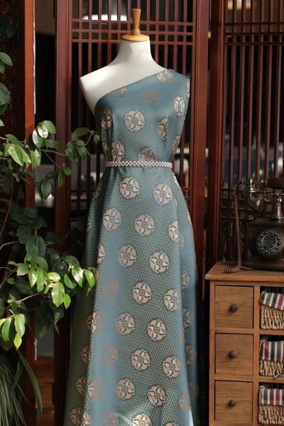 

pisces playing in the water pattern song brocade intangible culture heritage chinese clothing fabric cheongsam, Black;white