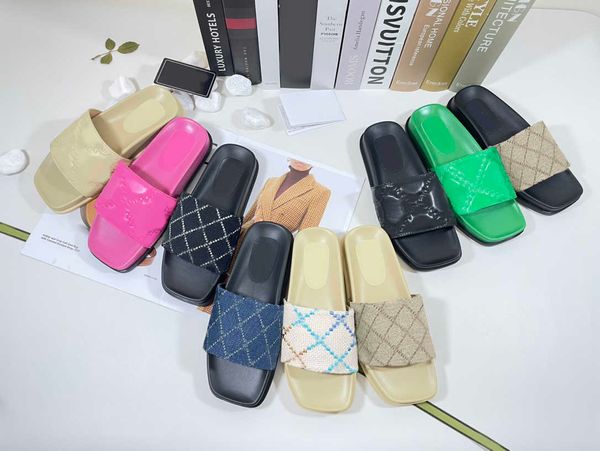 

2023 women's double g slide sandal designer multicolor platform men slippers mini printing fabric canvas jacquard rubber sole shoes, Black