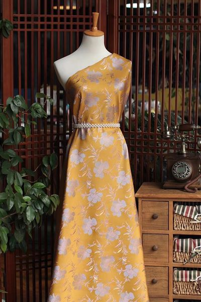 

yellow flower pattern song brocade clothing fabric intangible culture heritage chinese clothing fabric, Black;white