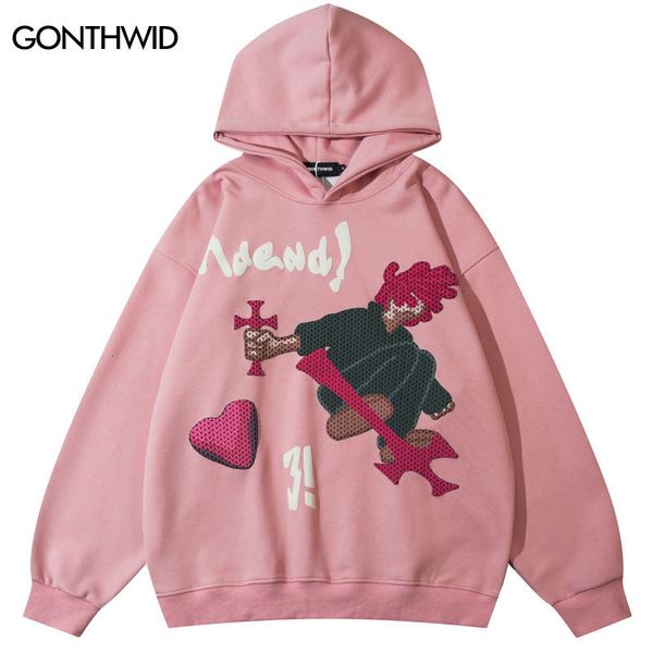 

men's hoodies sweatshirts hip hop hooded sweatshirts streetwear harajuku cartoon print pullover hoodies mens fashion casual loose punk, Black