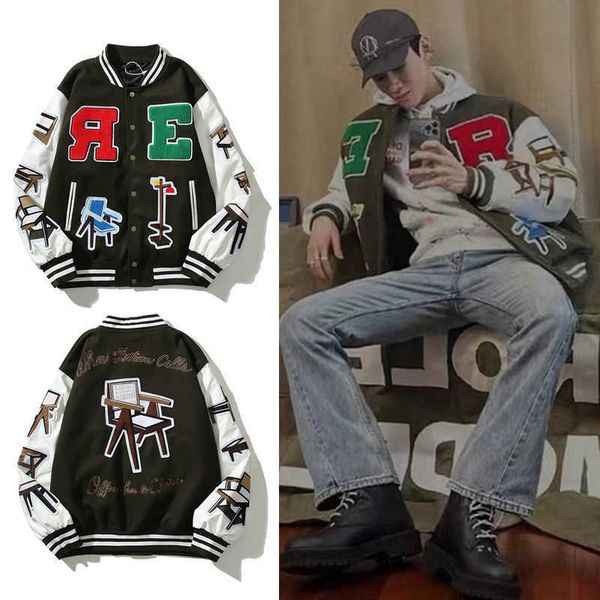 

readymake 22aw chair jacket patch color block baseball casual long sleeve, Black;brown