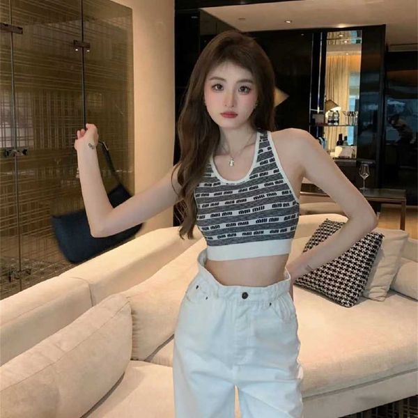 

80% off factory outlet online miu's 23 new stripe letter jacquard decoration slim knitted neck tank women, White