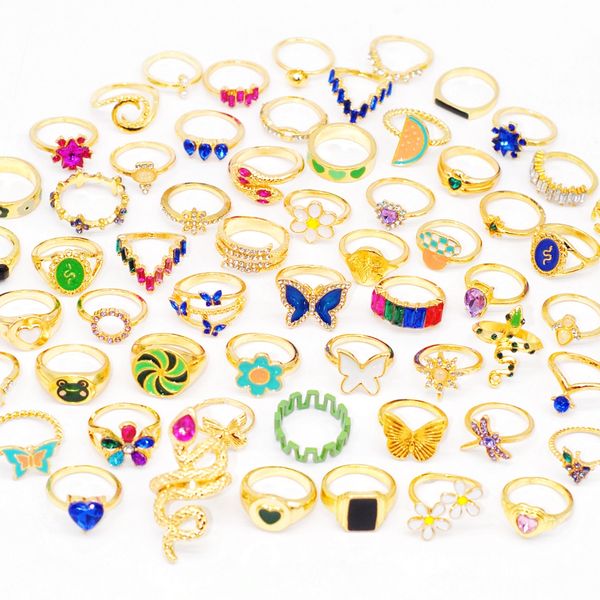 

50pcs ins colorful crystal drip oil vintage rings mixed style for women bohemia snake butterfly fashion cz charms girl animal party gift jew, Golden;silver