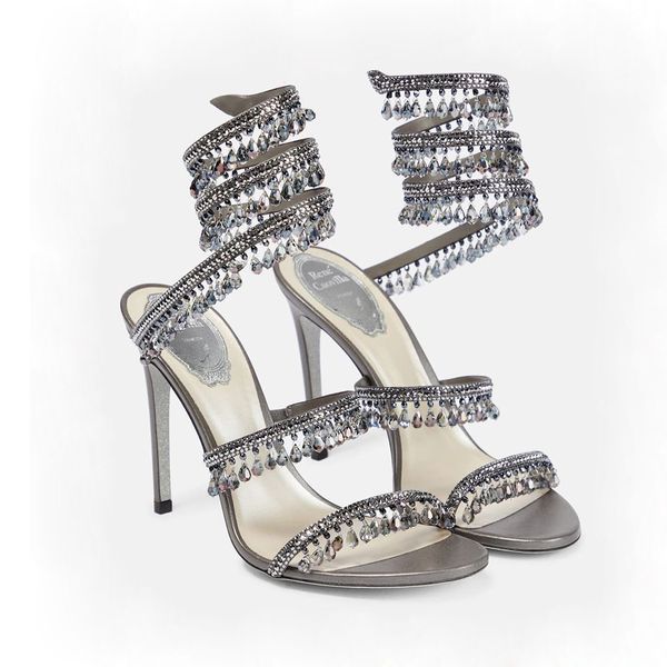 

crystal lamp stiletto heel sandals for womens shoe rene caovilla cleo rhinestone studded snake strass shoes luxury designers 9.5cm high heel, Black