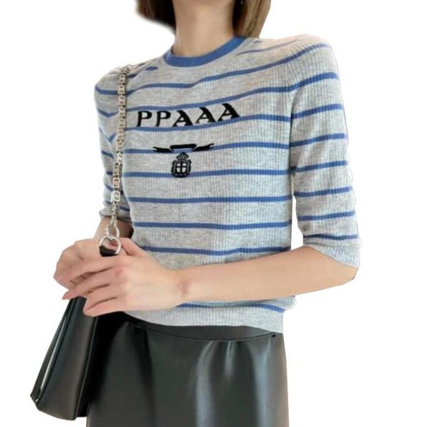 

spring new fashion womens knits designer luxury stretch half sleeve striped gray classic women's t-shirt comfortable cotton, White