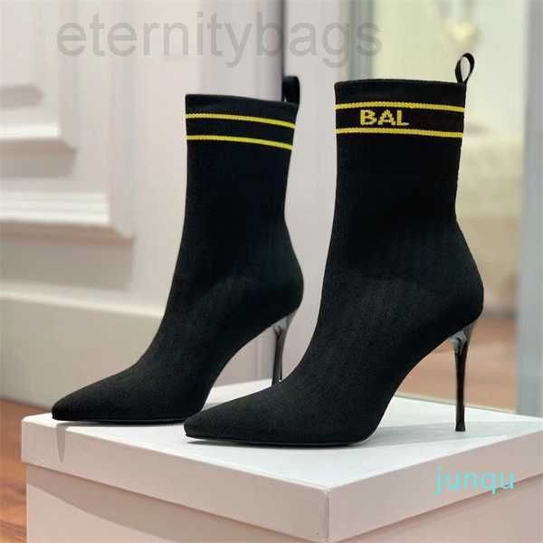 

women sock boots stiletto ankle booties shoes knitted fabric letter mid calf pull on elastic point toe stiletto luxury designer heels .5cm, Black