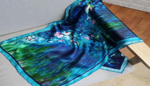 

scarves claude monet039s oil painting 100 mulberry silk scarf women abstract water lily print shawls and wraps foulard femme l9420327, Blue;gray