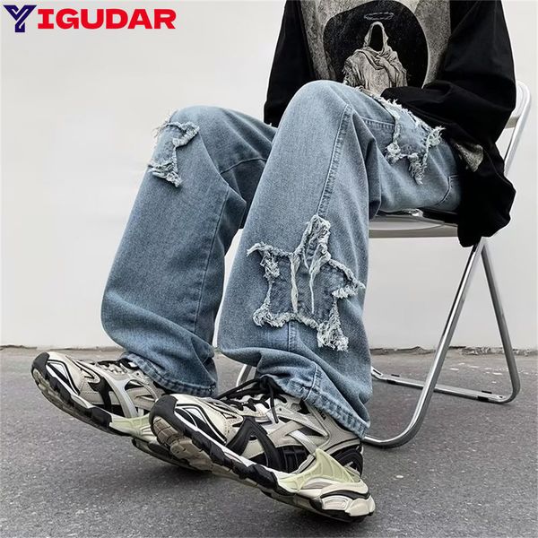 

mens jeans men wide leg denim cargo jean pants loose straight baggy hip hop streetwear skateboard neutral denim trousers 230327, Blue