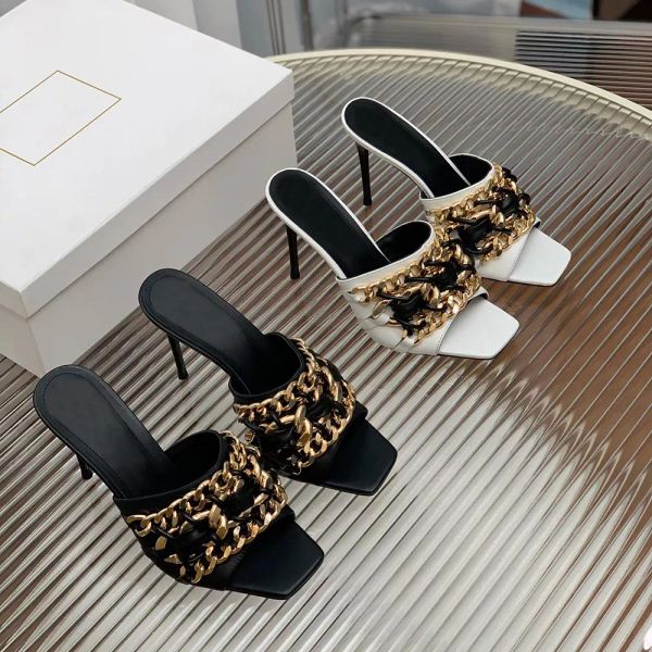 

new metal chain decorative slippers open toe square calfskin slippers high heels slippers designer sandals factory shoelaces packaging box, Black