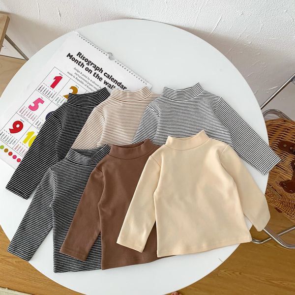 

t-shirts toddler boy t shirt baby girl high neck autumn winter solid stripe long sleeve turlteneck pullover kids bottoming tshirts 230327, Blue