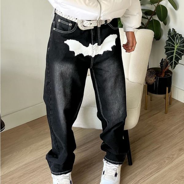 

mens jeans goth print men jeans harajuku vintage street hip hop black clothing loose casual straight cotton wide leg s 230327, Blue