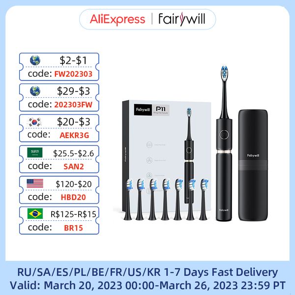 

toothbrush fairywill p11 sonic whitening electric toothbrush rechargeable usb charger ultra powerful waterproof 4 heads and 1 travel case 23