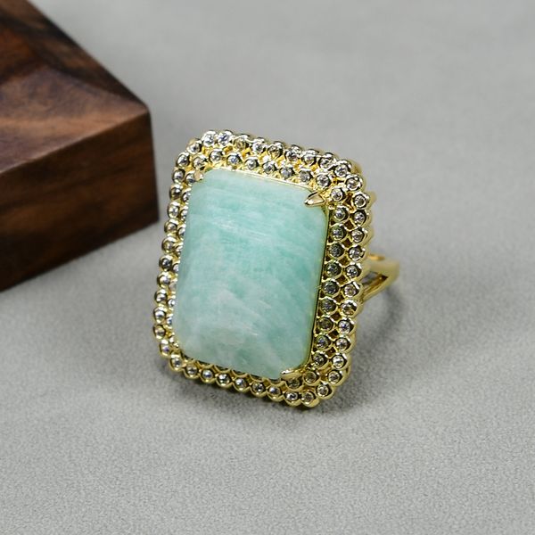 

natural green amazonite rectangle cz pave ring yellow gold plated adjustable rings lady party fashion jewelry gifts, Golden;silver
