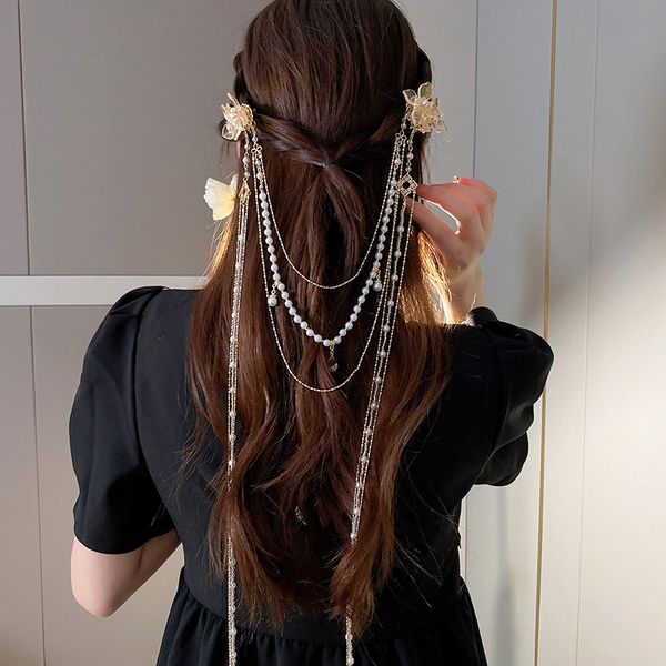 

wedding hair jewelry fashion peal flower long tassel hairpin creative wedding hair clip hair accessories 230325, Slivery;golden