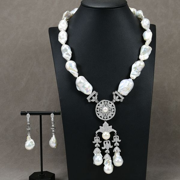 

20" natural freshwater sets white keshi baroque pearl cz pendant necklace earrings sets classic for women wedding gifts, Silver