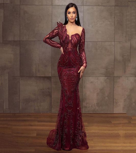 

burgundy arabic aso ebi lace mermaid evening dresses long sleeves beaded appliques sweep train formal prom party gowns second rece6534943, Black;red