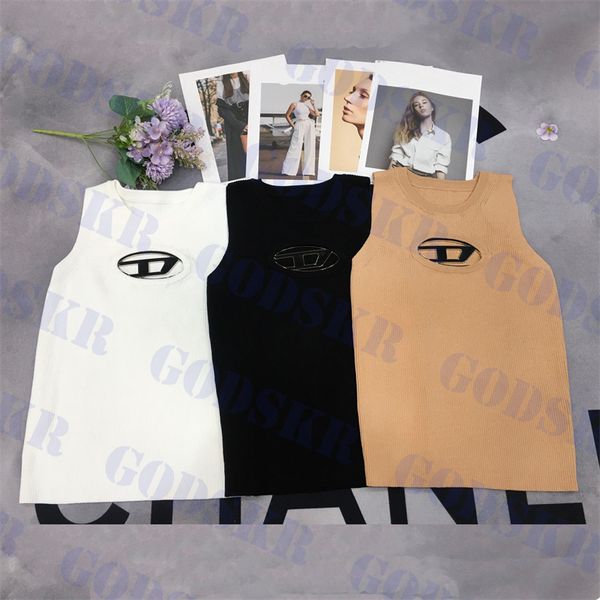 

hollow tank womens metal badge tanks fashion ladies knitted t shirt three colors, White