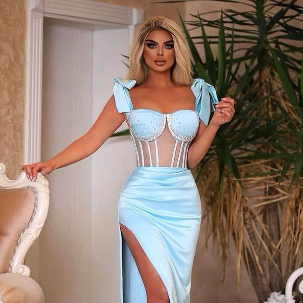 

sky blue beading formal evening dress 2023 sweetheart straps satin slit floor length celebrity style mermaid prom party gown robe de soiree, Black;red