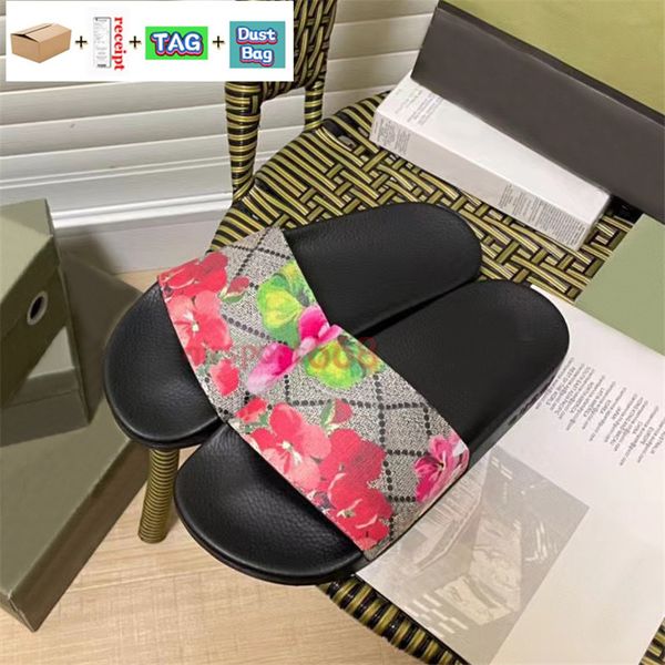 

with box mens slippers platform designer rubber slides womens flats sandals luxurys floral canvas blue flowers beach slipper flip flops summ, Black