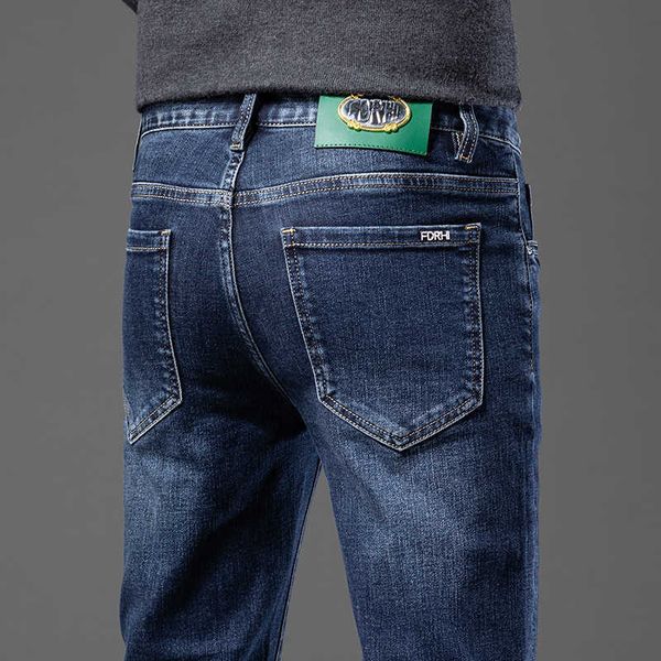 

european high-end ff men's jeans casual slim feet elastic embroidery autumn and winter cropped pants dark blue