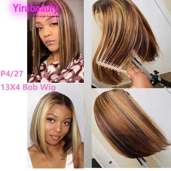 

peruvian virgin hair p4/27 piano color 13x4 lace front bob wig silky straight 150% 180% 210% density yirubeauty, Black