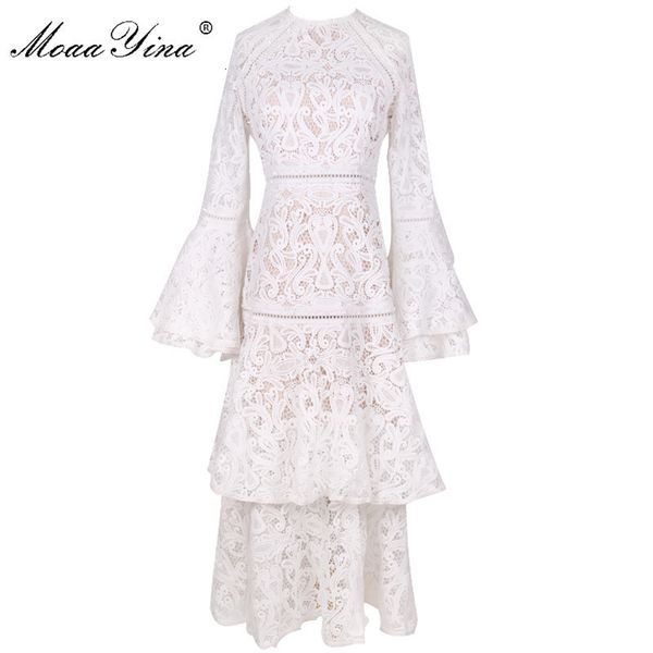 

casual dresses moaayina fashion designer runway dress autumn summer women s flare sleeve white lace cascading ruffle 230327, Black;gray