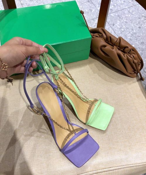 

summer thin high heel sandals women square toe narrow band chain decor ankle strap rome sandalias party dress shoes 20217873254, Black