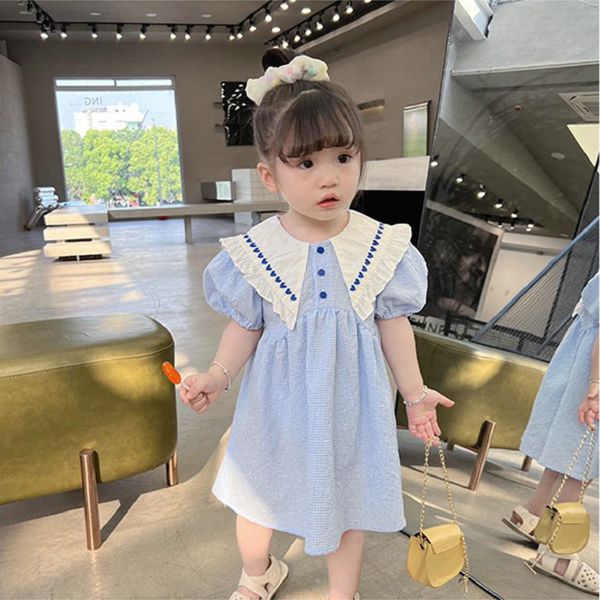 

16085 summer kids girls dress pointy collar short sleeve plaid elegant dress girl children casual dresses, Red;yellow