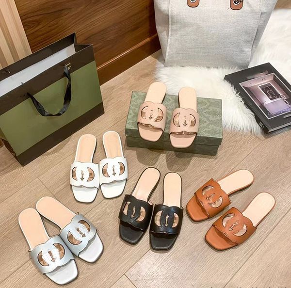 

women interlocking cut-out slide designer sandals leather slipper flat heels fashion solid metal buckle women holiday sandals beach slippers, Black