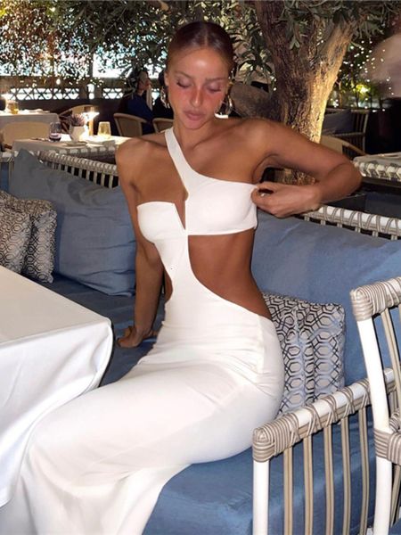 

casual dresses white long summer women cut out slim evening party fashion one shoulder vacation beach maxi 2023 230327, Black;gray