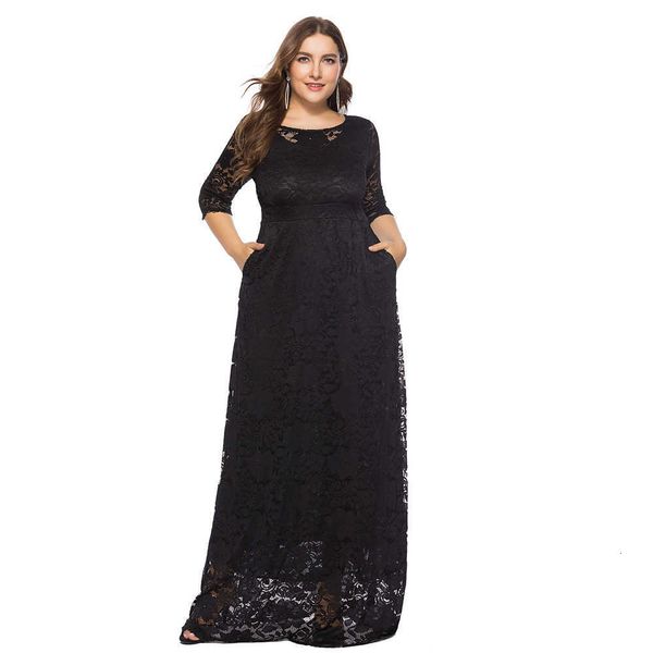 

size womens plus elegant lace hollow dinner dress fashion quality high waist evening dresses with pocket, White;black