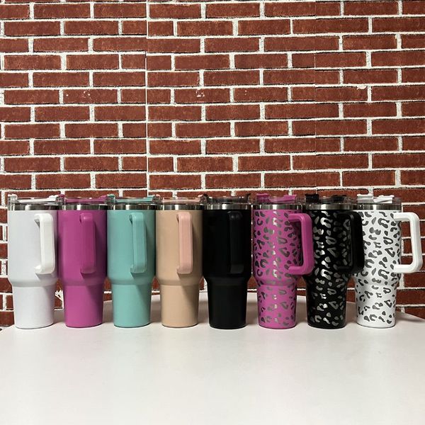 

40oz stainless steel leopard insulation cup portable car water bottle with lid straw handdle laser engraved forwater mug cups 0420