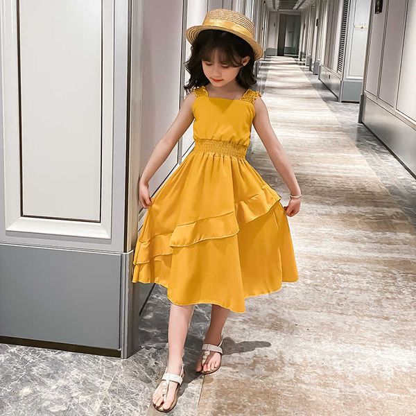 

girl's dresses 2023 teenager summer kids girls flounce chiffon fold dresses formal princess children braces skirt 4 5 6 7 8 10 11 12 13, Red;yellow