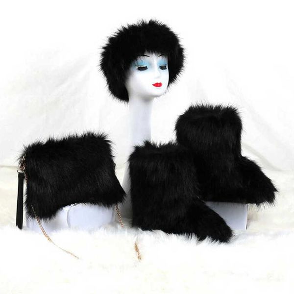 

boots winter women's outdoor cotton warm snow lady faux fur ankle boot bag headband set 2021 furry 1222, Black