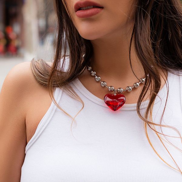 

big heart pendant choker necklace chunky glass puffy love heart beaded necklace gothic aesthetic jewelry for women girl, Silver