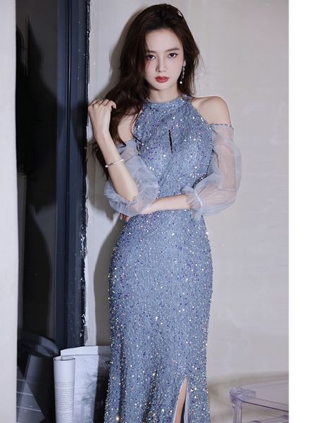 

blue sequined evening dresses halter sweet special design sleeves princess high split for banquet party elegant prom gowns 2023, Black