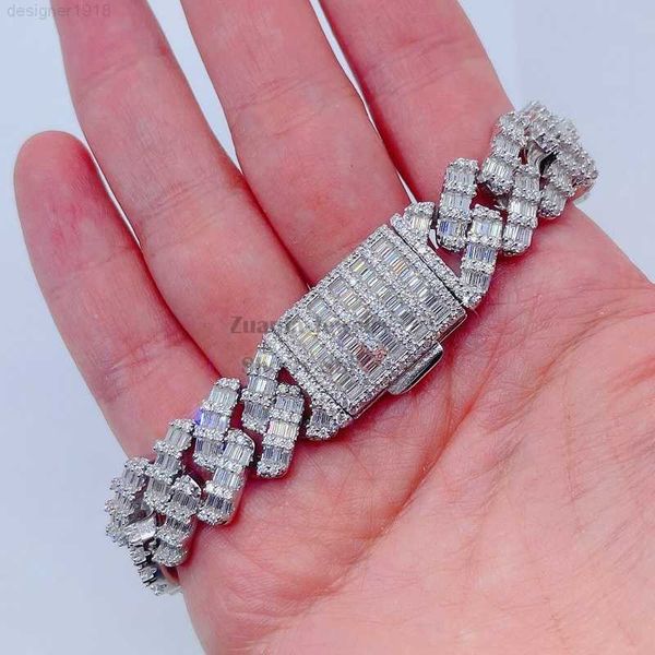 

15mm 2 rows vvs baguette cut moissanite iced out hip hop men silver cuban bracelet