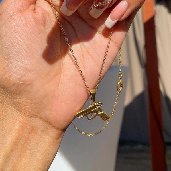 

pendant necklaces hip hop gun pendant necklaces for men women crystal rhinestone chain fashion party jewelry gift choker p230327, Silver