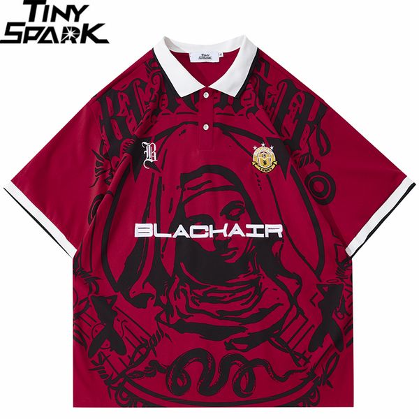 

mens polos men hip hop streetwear tshirt virgin mary graphic embroidery summer oversized shirt retro casual cotton tee 230328, White;black