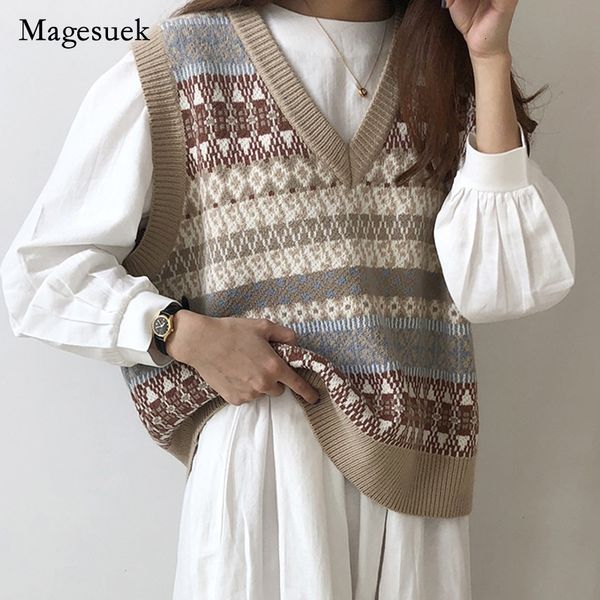 

women's vests sleeveless knitted sweater vest women loose plaid v-neck pullover vest sweater autumn korean style vintage argyle sweater, Black;white