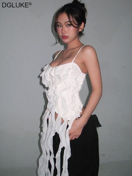 

camisoles tanks white ruffle tassel women spaghetti strap asymmetrical backless crop y2k streetwear summer cami tank fairy grunge 230327, Black;white