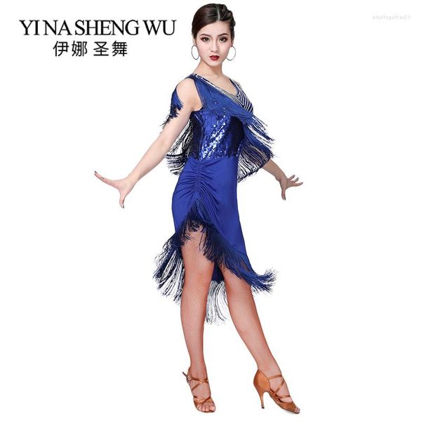 

stage wear latin dance sequin clothing tassel competition practice rumba, Black;red