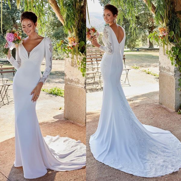 

bohemian mermaid wedding dresses v neck long sleeves backless sweep train custom made appliques lace boho bridal gowns, White