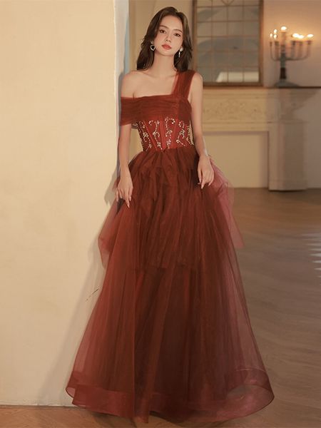 

burgundy bridesmaid dresses one shoulder a line beading sequins 2023 new backless ruffle tulle wedding prom party evening gowns, White;pink