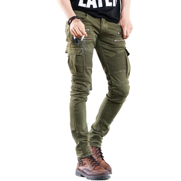 

designer green black denim biker jeans men skinny runway distressed slim elastic homme hip hop military motorcycle cargo pants, Blue